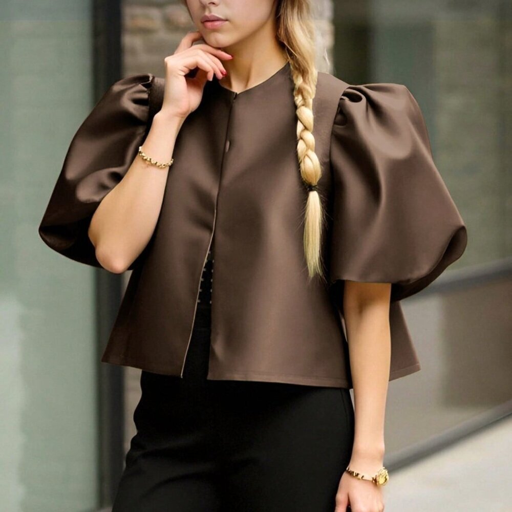 Coffee Brown Casual Women's Plain Color Short Sleeve Shirt